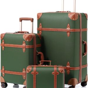 NZBZ Vintage Luggage Sets Luxury Cute Suitcase Retro Trunk Luggage with TSA Lock for Men and Women 3 Pieces (Dark Green, 14" & 20" & 28") Green 14inch