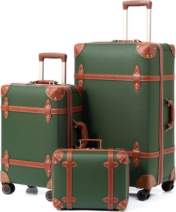 NZBZ Vintage Luggage Sets Luxury Cute Suitcase Retro Trunk Luggage with TSA Lock for Men and Women 3 Pieces (Dark Green, 14" & 20" & 28") Green 14inch