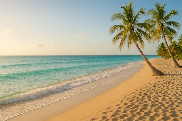 Caribbean Islands beach in winter sunlight with turquoise water and white sand